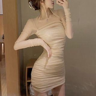 Long-sleeve Mesh Ruched Mini Sheath Dress