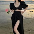 Puff-sleeve Cropped Blouse / Slit Maxi A-line Skirt