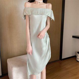 Off-shoulder Asymmetric Spaghetti Strap Dress Green - One Size