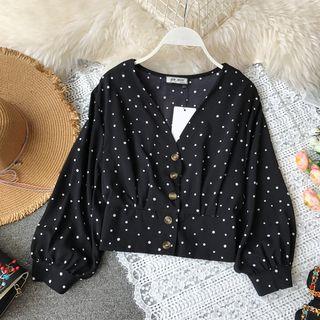 Long-sleeve Polka Dot Buttoned Cropped Top