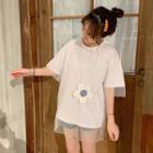 Mesh-overlay Plain T-shirt / Flower Pouch