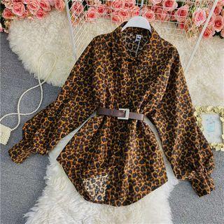Long Sleeve Leopard Print Shirt Coffee - One Size