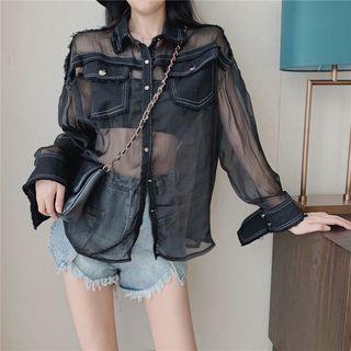 Long-sleeve Denim Panel Mesh Shirt