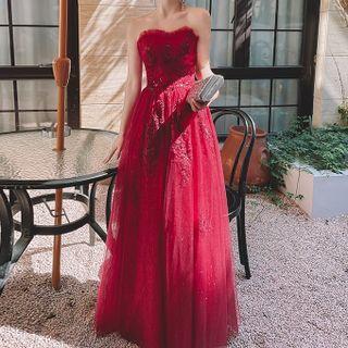 Strapless Mesh Overlay A-line Evening Gown