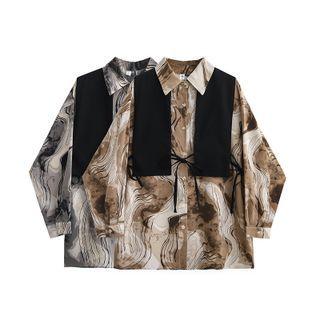 Set: Long-sleeve Print Shirt + Tie-strap Cropped Vest