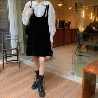 Long-sleeve Collar Lace Trim Chiffon Shirt / Plain Strappy Dress
