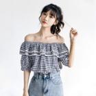 Off Shoulder Plaid Puff-sleeve Top