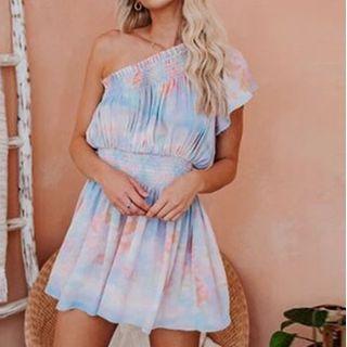 Cap-sleeve One-shoulder Tie-dye Mini A-line Dress
