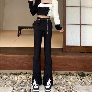 Set: Slit-hem Boot-cut Pants + Waist Chain