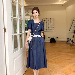 Set: Short-sleeve Plain Denim Shirt + High-waist Denim A-line Skirt