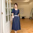 Set: Short-sleeve Plain Denim Shirt + High-waist Denim A-line Skirt