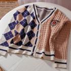 Argyle Panel Cable Knit Cardigan Coffee & Blue - One Size