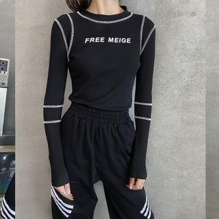 Lettering Contrast Stitching Long-sleeve Top