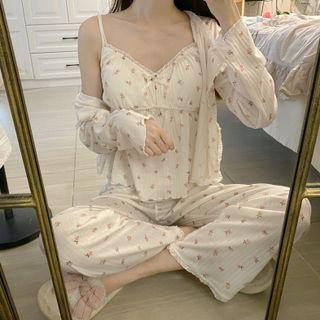 Loungewear Set: Floral Print Camisole Top & Cardigan & Pants