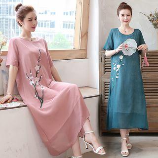Elbow-sleeve Embroidered Floral A-line Midi Dress