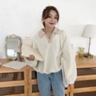 Color-block Furry V-neck Long-sleeve Loose-fit Pullover