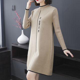 Long-sleeve Mock Neck Lettering Knit Dress