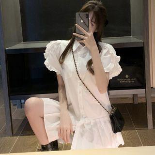 Ruffled-trim Pleated Mini Shirtdress