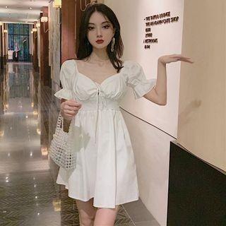 Puff-sleeve Lace Up A-line Dress