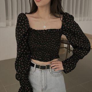 Long-sleeve Square Neck Floral Blouse Black - One Size