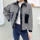 Faux Leather Panel Houndstooth Button-up Jacket