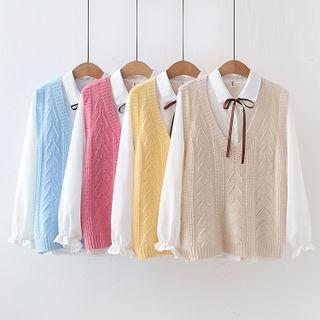 Set: Long-sleeve Frill Trim Bow Blouse + Cable Knit Sweater Vest