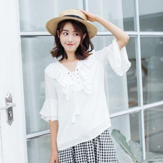 V-neck Lace-up Elbow-sleeve Top
