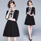 3/4-sleeve Collared Ruffle-panel A-line Dress