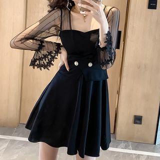 Lace Trim Mesh Panel Flared-sleeve Mini A-line Dress
