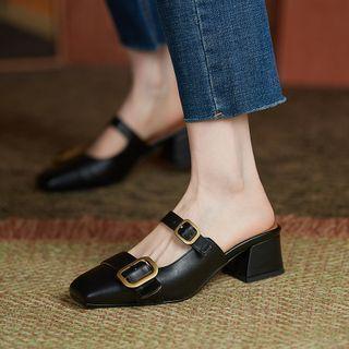 Square-toe Buckled Block Heel Mules