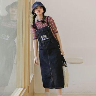 Cartoon Embroidered Denim Midi A-line Overall Dress