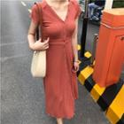 Ribbed Short Sleeve Buttoned Midi Dress