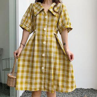 Elbow-sleeve Plaid Buttoned A-line Dress