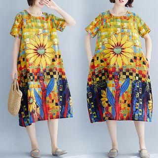 Print Short-sleeve Round-neck Medium Maxi Dress Color - L