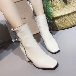 Faux Leather Side Hoop Zipper Block Heel Ankle Boots
