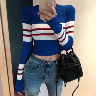 Striped Long-sleeve Knit Top Blue & White - One Size