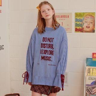 Letter Tie-cuff Cable-knit Sweater Light Blue - One Size