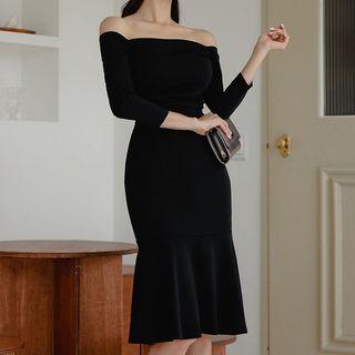 3/4-sleeve Off Shoulder Frill Trim Dress