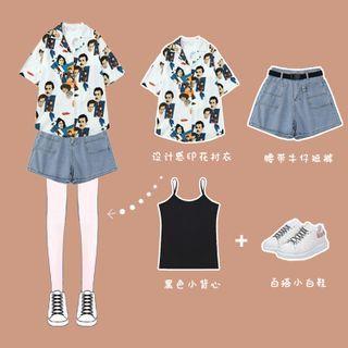 Spaghetti Strap Top / Short-sleeve Graphic Print Shirt / Denim Shorts