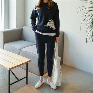 Set: Crochet-trim Sweatshirt + Sweat Pants