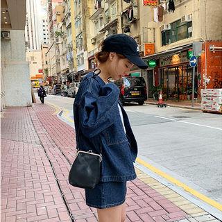 Denim Collarless Button Jacket Blue - One Size