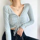 Long-sleeve Flower Print Drawstring Cropped T-shirt