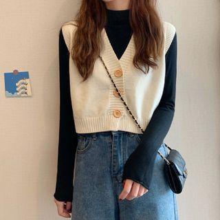 Button-up Cropped Sweater Vest / Mock-neck Knit Top