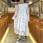 Long-sleeve Collar Midi Lace Dress White - One Size