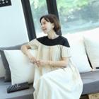 Round-neck Pleated Color-block Dress