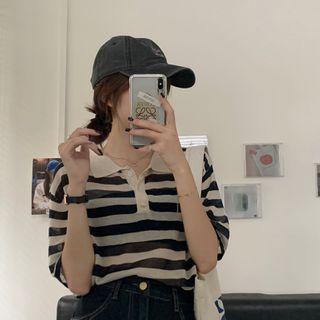Polo-neck Striped T-shirt Stripe - One Size