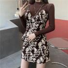 Set: Long-sleeve Knit Top + Spaghetti Strap Print Mini A-line Dress