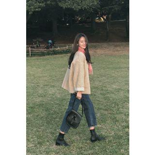 Snap-button Sherpa Fleece Jacket Beige - One Size