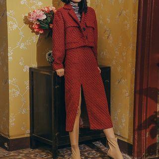 Set: Cropped Button Jacket + Midi Slit A-line Skirt