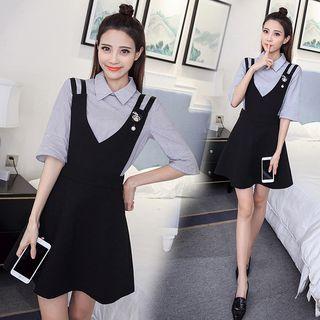 Set: Elbow Sleeve Shirt + Faux Pearl Pinafore Dress